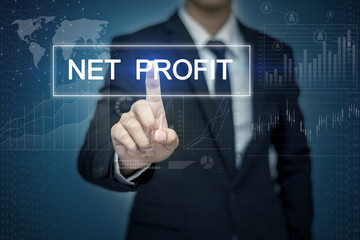 Businessman hand touching NET PROFIT  button on virtual screen