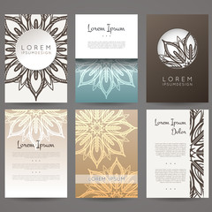 Set of vector design templates. Brochures in random colorful style. Vintage frames and backgrounds. Flower, mandala design.