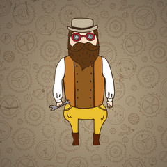 Cute steampunk pilot with wrench and beard