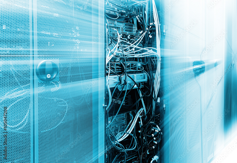 Poster front communication equipment with the innards in a series of data center. motion blur