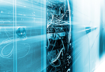 Front communication equipment with the innards in a series of data center. motion blur 