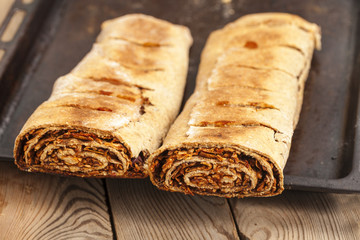Apple strudel wooden table