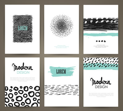 Set of brochures with hand drawn design elements. Vector templates. Trendy patterns and textures.