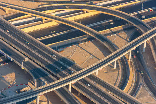 Top view of highway interchange in Dubai