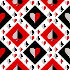 Seamless vector pattern with icons of playing cards. Black, red and white repeating background. Series og Gaming and Gambling Seamless Patterns.