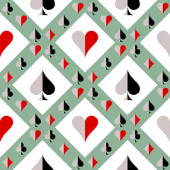 Seamless vector pattern with icons of playing cards. Black, red, white and grey repeating background. Series og Gaming and Gambling Seamless Patterns.