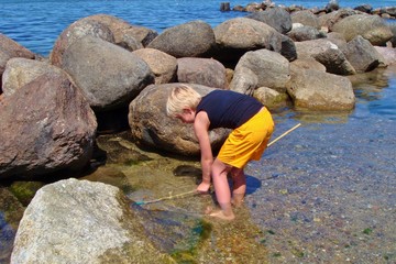 Boy trying to catch crabs