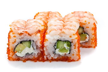  Sushi rolls with shrimp and caviar  close up isolated on white. Two philadelphia shushi rolls