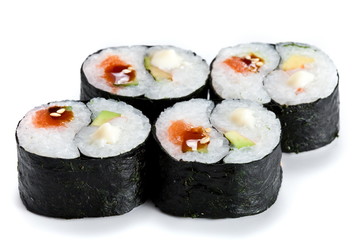  Delicious japanese  sushi rolls with shrimp  and shrimp isolated on white. Futomaki rolls. In yang symbol 