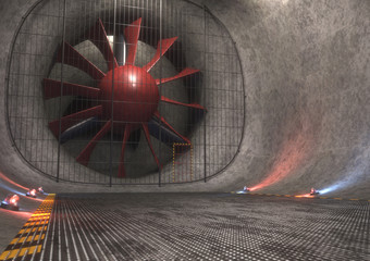 Giant wind tunnel with steel floor, tracks and safety lights. - obrazy, fototapety, plakaty