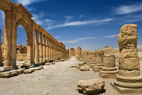 Syria. Palmyra (Tadmor). The central part of the Great Colonnade leading along main street. This site is on UNESCO World Heritage List