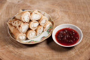 pancakes with cottage cheese and cherry jam