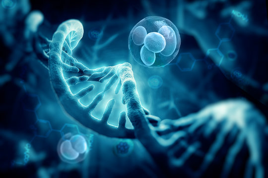 3d render cells and dna structure, abstract background 