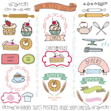 Bakery cakes Labels elements.Doodle logo template