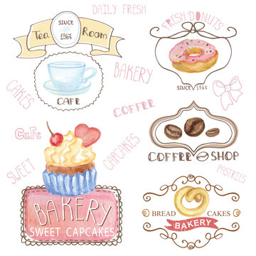Bakery,cafe logos.Watercolor sweet cakes ,caffee