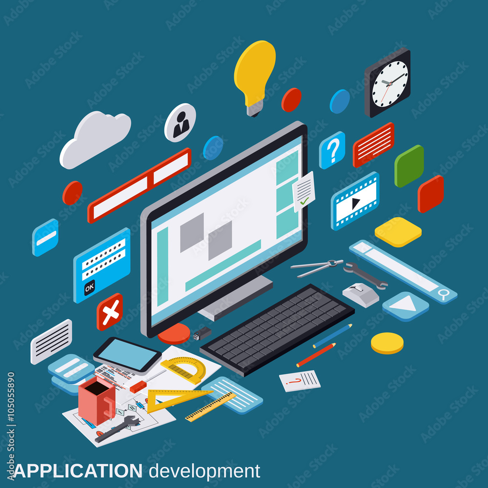 Poster application development, algorithm optimization, website construction vector concept