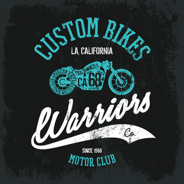 Vintage American motorcycle old grunge effect tee print vector design. Premium quality superior bike retro logo concept. Motor club shabby t-shirt and hoodie emblem.