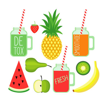 Set of green, red, orange smoothies and fruits on white background. Healthy lifestyle concept. Fresh detox smoothies with strawberry, banana, pineapple, apple,pear, watermelon and kiwi.
