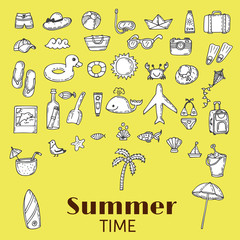 Beach icons collection. Hand drawn summer vector icon set.  Vaca