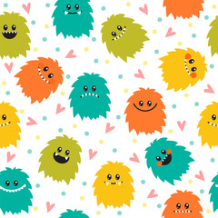 Cute seamless pattern with cartoon smiley monsters. Different fl