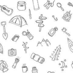 Hand drawn camping and hiking seamless pattern. Doodle camping e