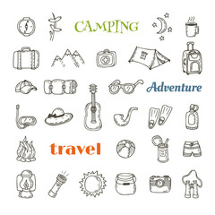 Hand drawn camping icon set. Collection of camping and hiking eq