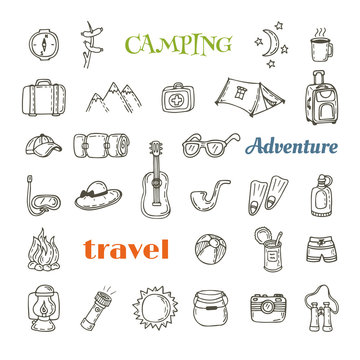 Hand drawn camping icon set. Collection of camping and hiking eq