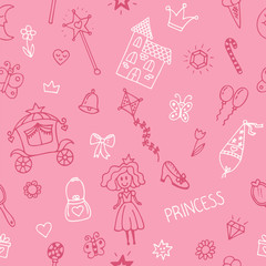 Hand drawn seamless pattern with princess girl doodle design ele