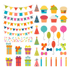 Set of birthday party design elements. Colorful balloons, flags,