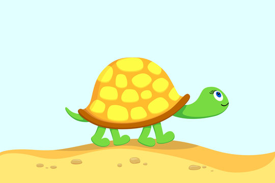 Vector  illustration of turtle,  going for a walk  on a beach