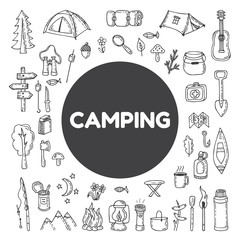 Set of hand drawn camping and hiking equipment.  Hike icons. Tra