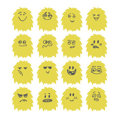 Set of hand drawn cute smiley monsters. Collection of different