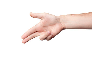 man's hand shoots fingers on a white background