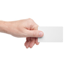 Obraz premium white card in a human hand isolated on white background
