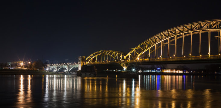 Cologne, Germany - March 11, 2016: Cologne Rheinauhafen at night showing a rhine bridge