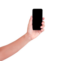 hand holding smart phone isolated on white