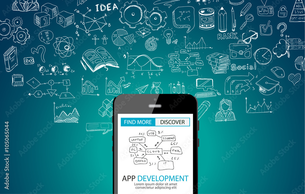 Poster app development concept background with doodle design style