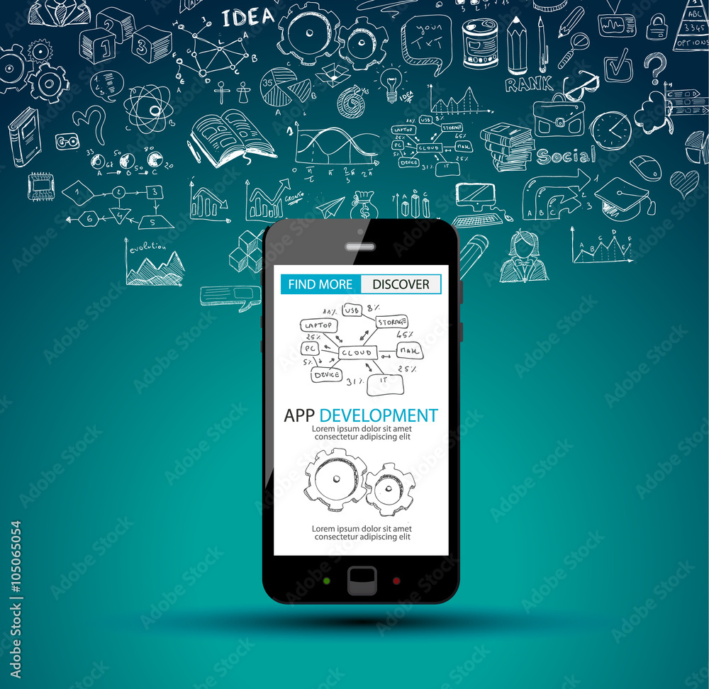 Poster app development concept background with doodle design style