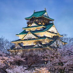 Naklejka premium Osaka-jo w okresie kwitnienia wiśni w Japonii