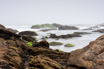 Fototapeta na wymiar Foggy beach with rocks and mist