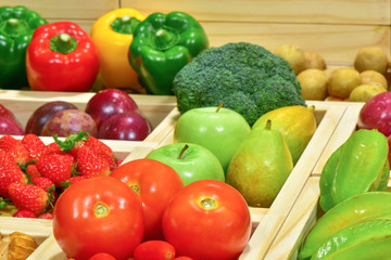 Close-up Tomatoes in wooden box at the supermarket for sale