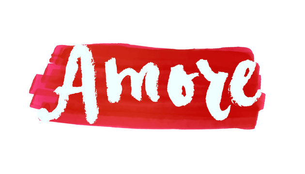 Amore. Love in Italian. Hand lettering calligraphy marker in hearts background. Vector for romantic cards for Valentines day or wedding.