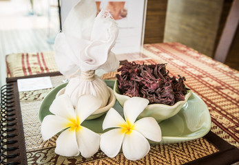 spa decoration with tray of spa ball and flowers