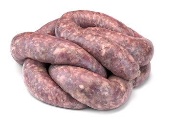 Some Raw Bratwurst In Natural Casing Isolated On White