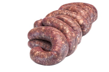 Some Raw Bratwurst In Natural Casing Isolated On White