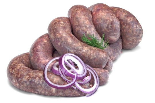 Some Raw Bratwurst In Natural Casing Isolated On White
