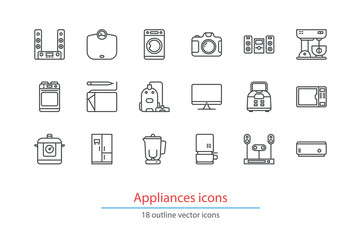 Household appliances outline icons. Colorless. Line art.