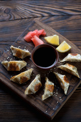 Japanese traditional fried gyoza dumplings with vegetables