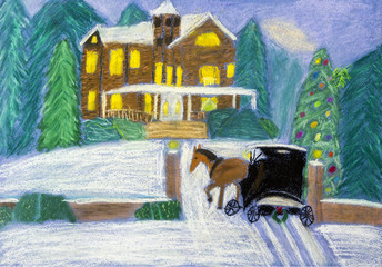 Детский рисунок "Зимний пейзаж с дворцом и каретой"
