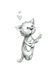Love cat playing the guitar. Hand-draw illustration. 